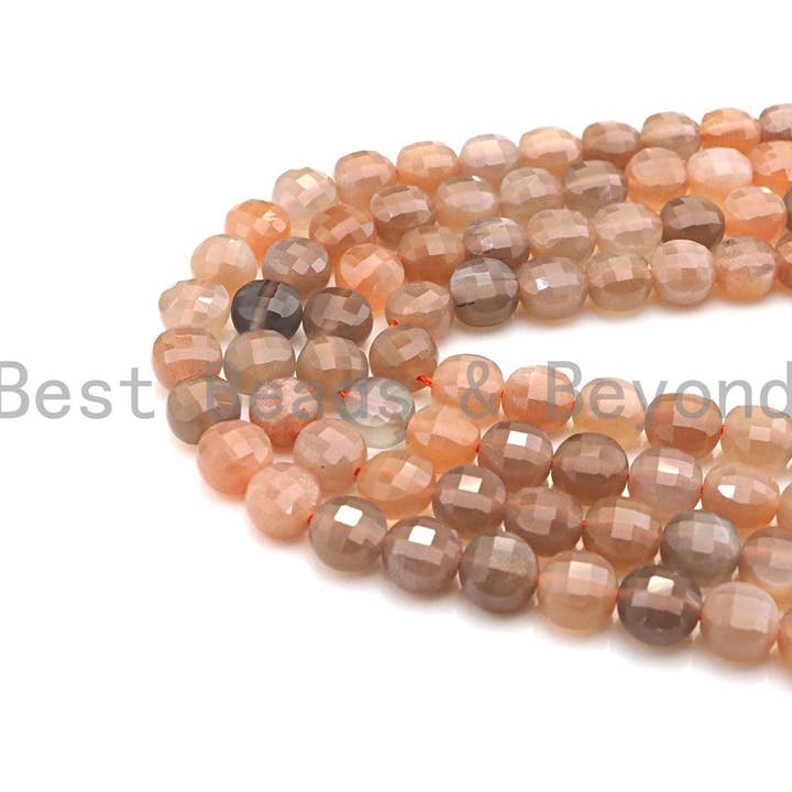 BestBeads&Beyond - Vente Perle - Perles en forme de pièce de monnaie en damier de pierre de lune naturelle de haute qualité, perles de pierre de lune taillées en coquille de tortue de 6 mm/8 mm/10 mm, 16" plein brin, sku #UA493