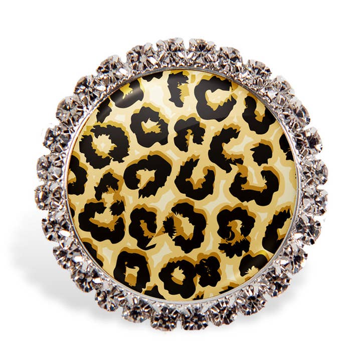 Leopard 1" Lapel Pin with Rhinestone Edge for wholesale by OUTSIDE THE BOX, LLC