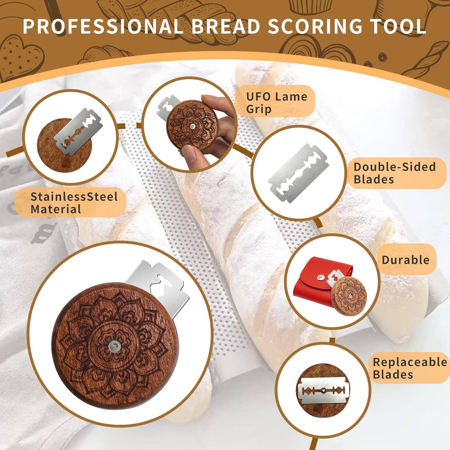VIGOR - Wholesale Kitchen Tool/Gadget - Wooden Lame Bread Scoring Tool with 5 Razor Blades and Leath6