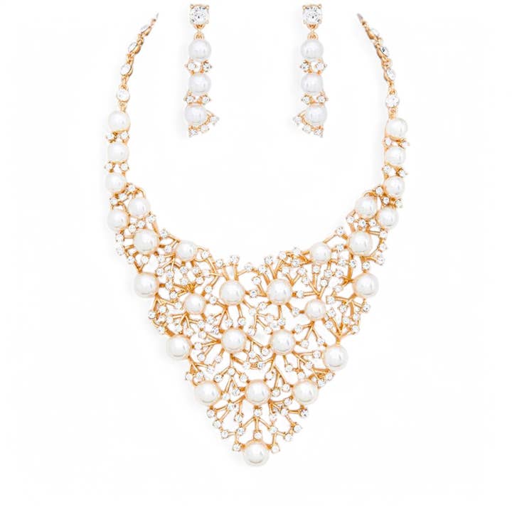 Crystal Pearl Bridal Statement Necklace Set for wholesale by LA Jewelry Plaza