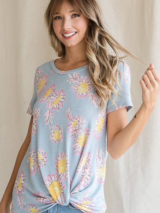 Floral Print Knotted Front Short Sleeve Top T4041 for wholesale by 7th Ray