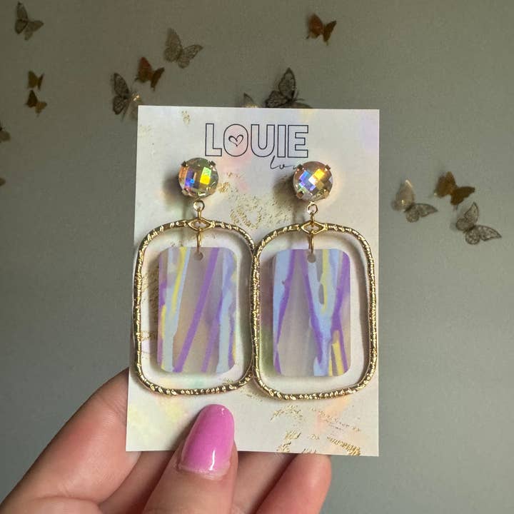 Louie Love - Wholesale Dangle Earrings - Purple Yellow Gold Louisiana Mardi Gras Acrylic Earrings