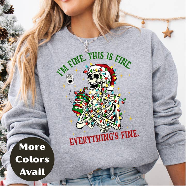 Epic Life - Designed - Wholesale T-Shirt (Graphic) - Women's - I'm Fine This Is Fine Everything's Fine Skeleton Christmas Shirt or Sweatshirt – Funny Holiday Coffee Graphic Tee – S-4XL Plus Size – Multiple Colors6