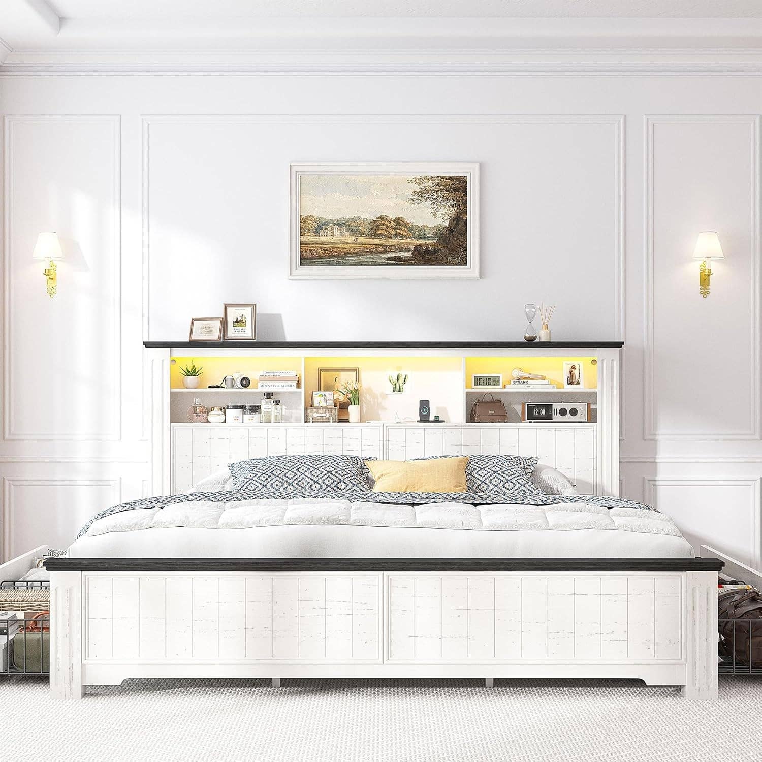 White King Size Bed Frame With Storage Drawers And LED Charging Station for wholesale on Faire2