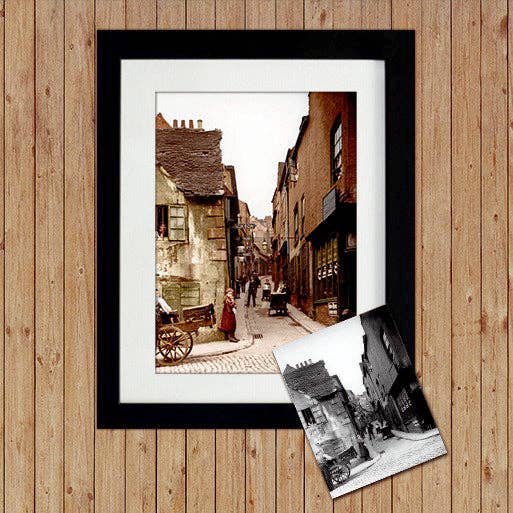 Photographie coloriée de Drury Hill, Nottingham pour la vente par Dukki Gifts