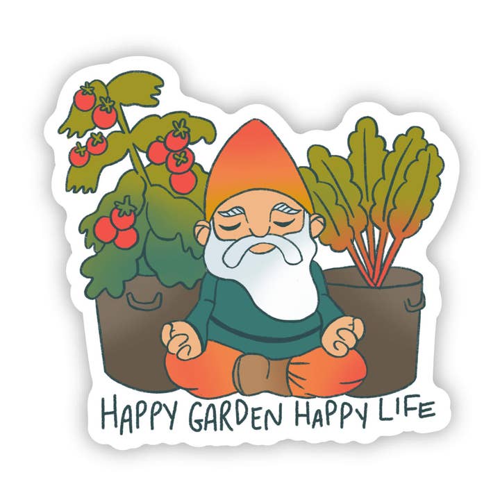 "Happy Garden Happy Life" Gnome & Plant Sticker for wholesale by Big Moods