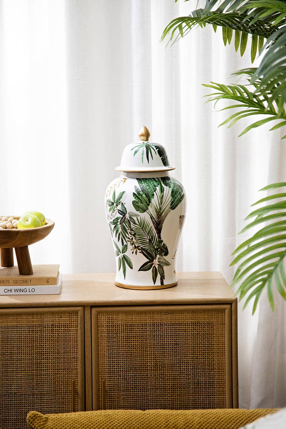 A&B Home Group Inc. - Wholesale Decorative Jar - D9.5x18" White and Green Leaf Pattern Ginger Jar