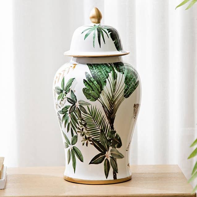 A&B Home Group Inc. - Wholesale Decorative Jar - D9.5x18" White and Green Leaf Pattern Ginger Jar0