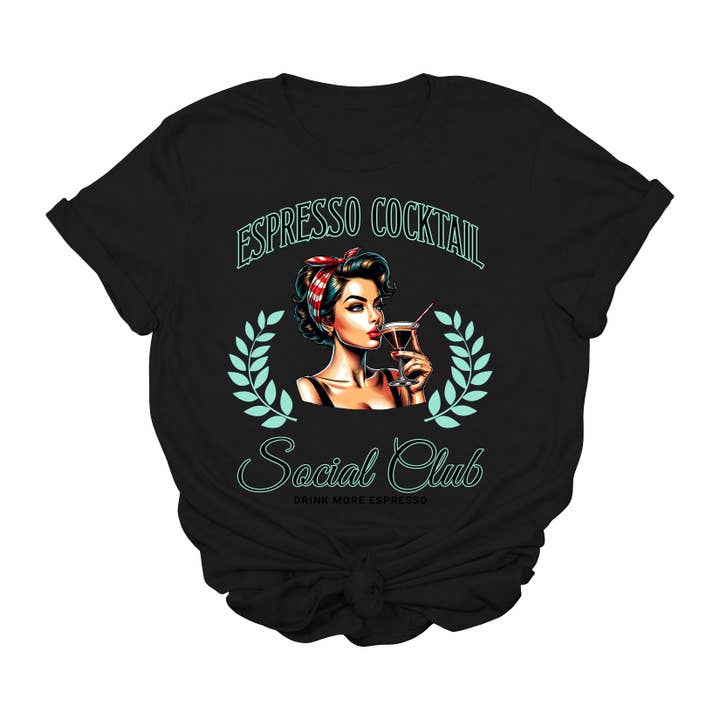Espresso Cocktail Graphic T-Shirt | Vintage Social Club Coffee Tee | Retro Pin-Up Girl Barista Shirt | Funny Espresso Martini T-Shirt | Caffeine Lover Graphic Tee | Brunch Babe Aesthetic Shirt for wholesale by House of Savvy