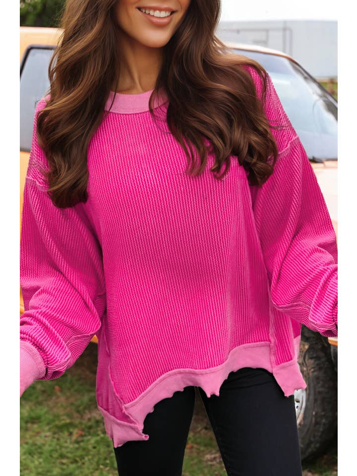 fashionworks - Wholesale Knit Top - Women's - Mardi Gras Twist Rib Uneven Hem Drop Shoulder Loose Knit Top