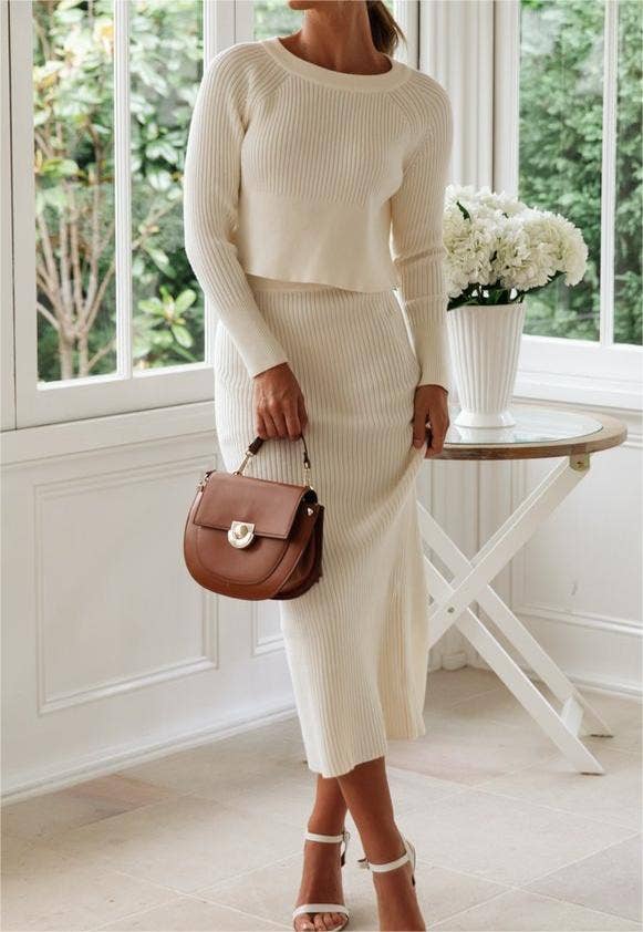 HIDDENBRAND - Wholesale Top & Skirt Set - Women's - 3-color sweater knit slit long dress set0