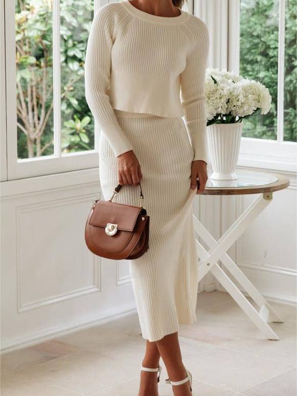 HIDDENBRAND - Wholesale Top & Skirt Set - Women's - 3-color sweater knit slit long dress set