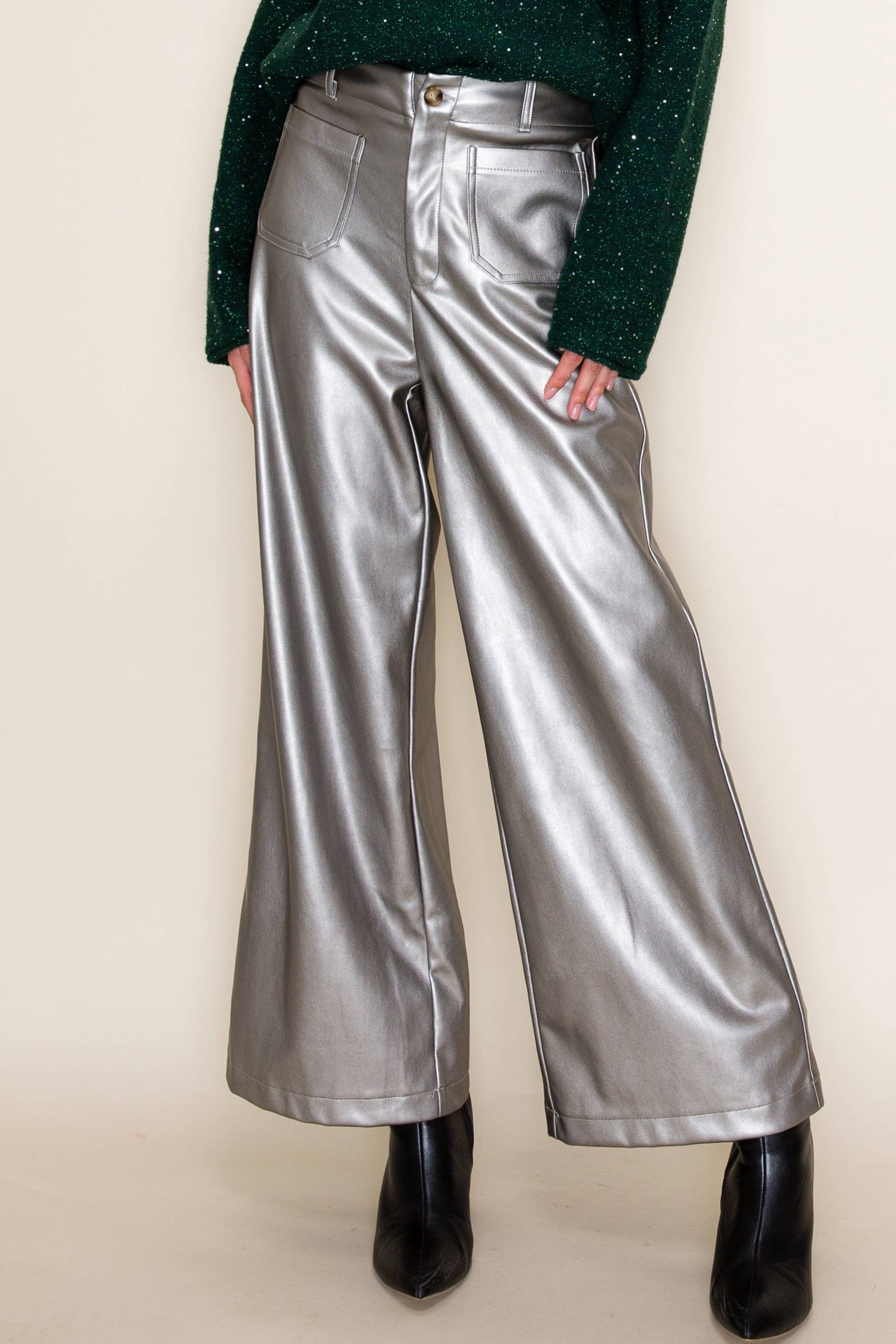 GeeGee x Lovelo - Wholesale Pants - Women's - Metallic Wide-Leg Faux Leather Pants CP521992