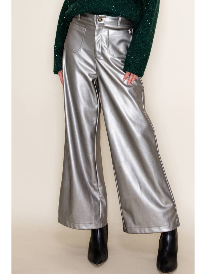 GeeGee x Lovelo - Wholesale Pants - Women's - Metallic Wide-Leg Faux Leather Pants CP521992