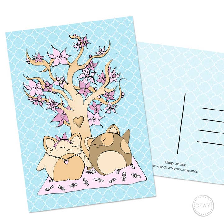 DewyCreations - Wholesale Postcard - A6 postcard - lucky cats on a picknick under a blossom tree