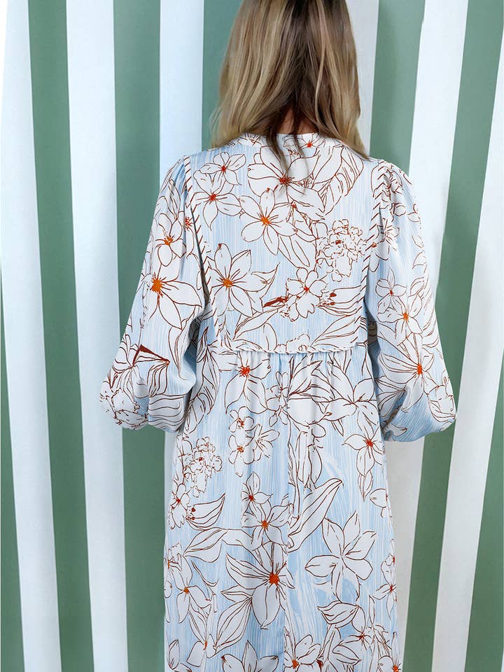 Brown Floral Print Tie Neck 3/4 Sleeve Mini Dress for wholesale on Faire1