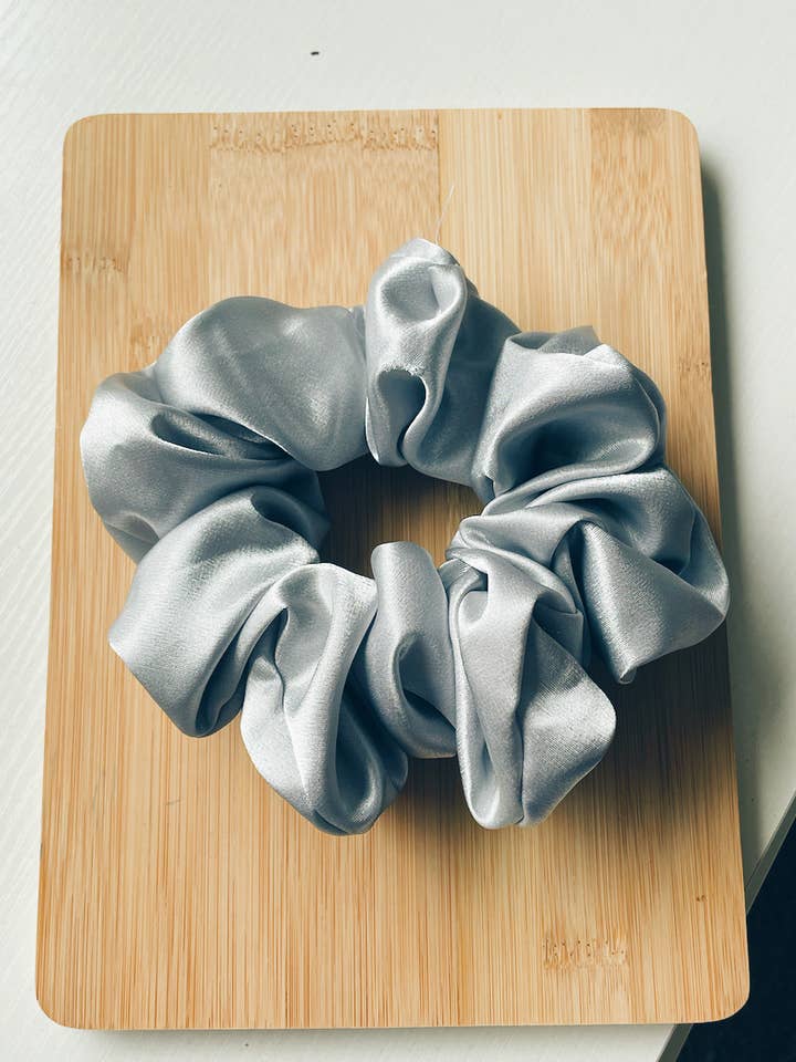 Silver Satin Scrunchies, Handmade Solid Scrunchy, Silk Satin for wholesale by Sahara Sage Boutique