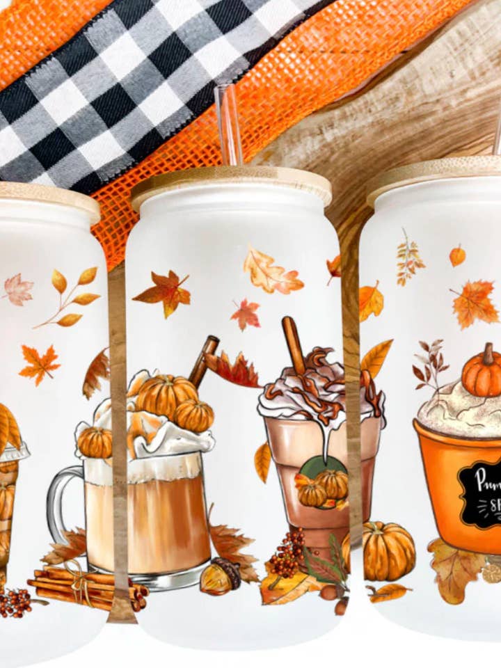 Pumpkin Spice sublimation beer can glass 16oz for wholesale by Bonita Bella Creations
