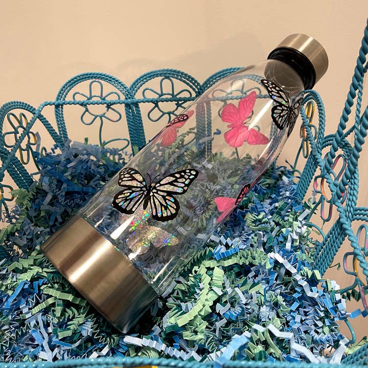 Cre8tionsByCaitlynn - Wholesale Water Bottle - Holographic Butterfly Clear Water Bottle, Decorated Water Bottle, Butterfly Water Bottle, Glitter Water Bottle0