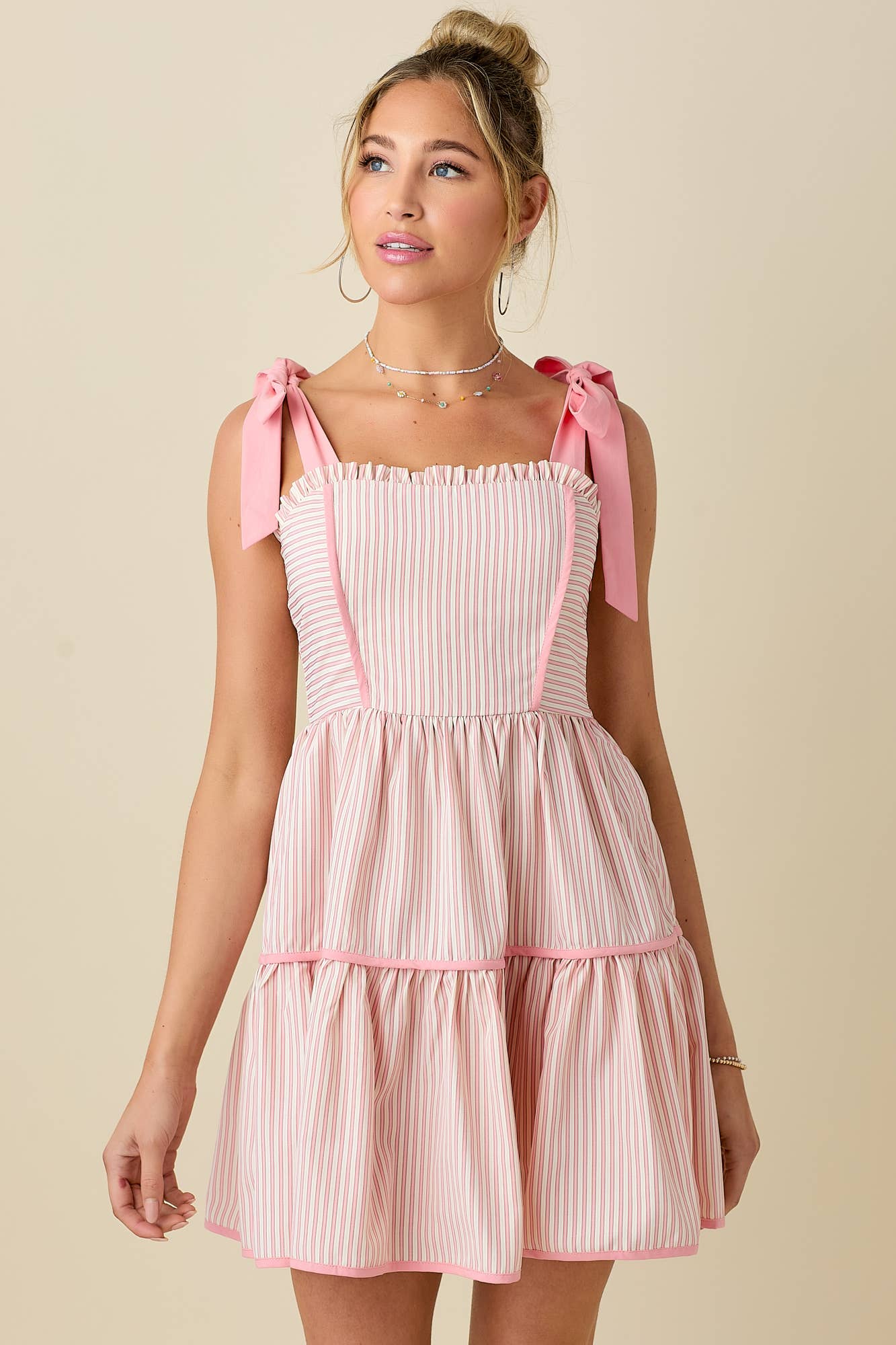 WHITE PINK Stripe mini dress with ribbon shoulder strap for wholesale on Faire11