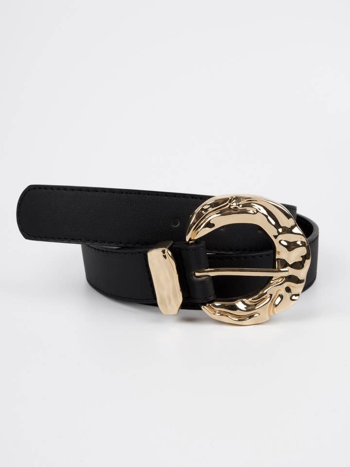 Vegan PU Leather Belt - Puteaux - Irregular Buckle - Gold / Black - 106cm for wholesale by Nakoa The Label
