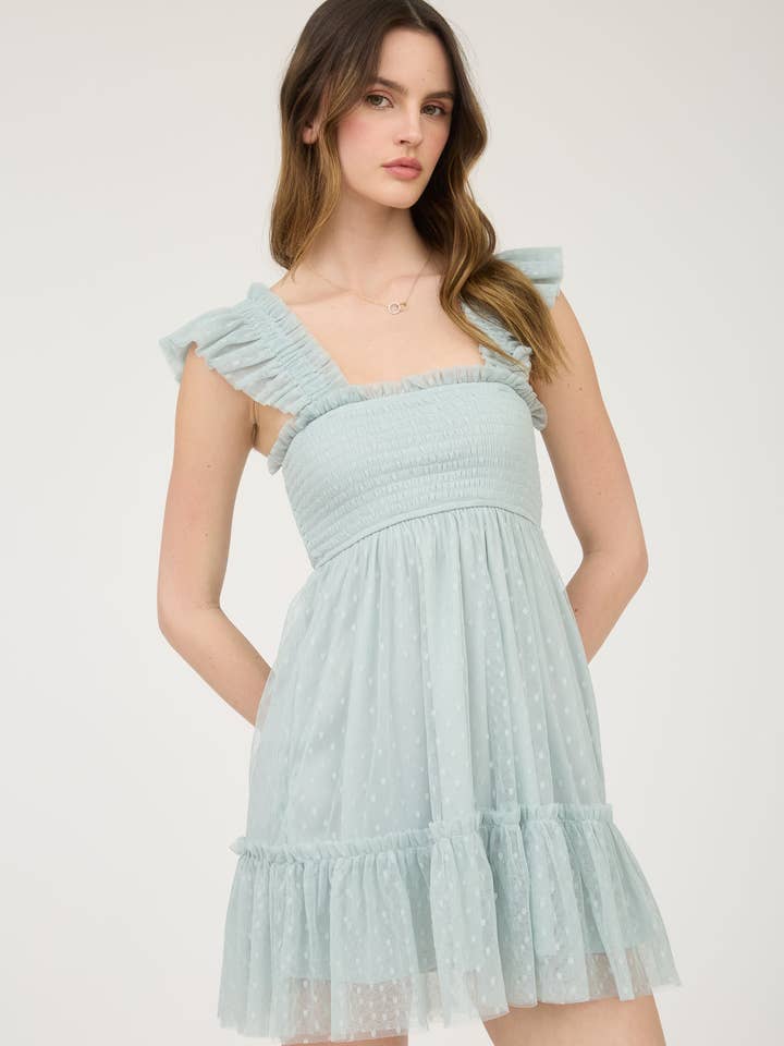 Blu Pepper - Wholesale Dress - Women's - POLKA DOT CHIFFON SMOCKED RUFFLE DETAIL MINI DRESS19