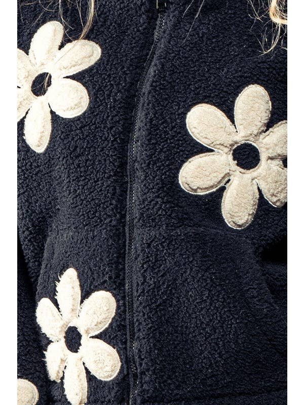 Urban Daizy - Wholesale Jacket - Women's - Playful Floral Fleece Zip Up Collared Jacket