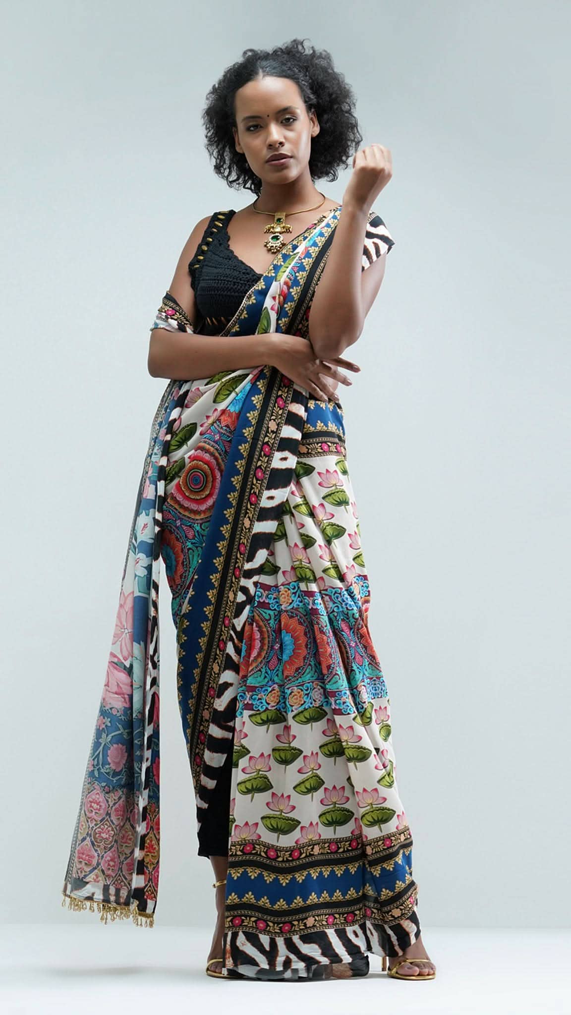 Black Nesavaali Tamarai Pre-Stitched Printed Saree - A Tribute to Tradition for wholesale on Faire0