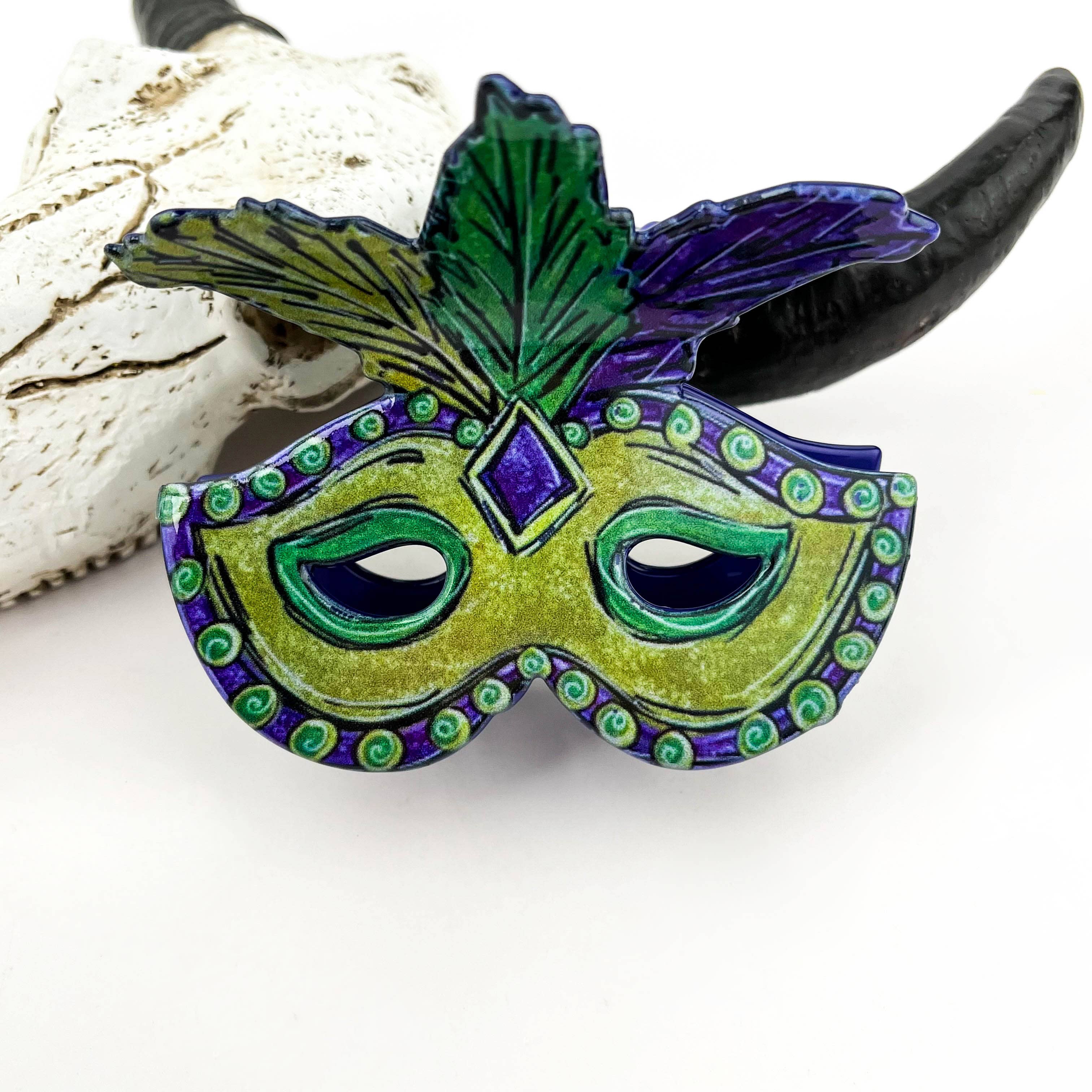 Green Feather Masquerade & Holiday Acetate Mask Hair Claw Clip for wholesale on Faire1
