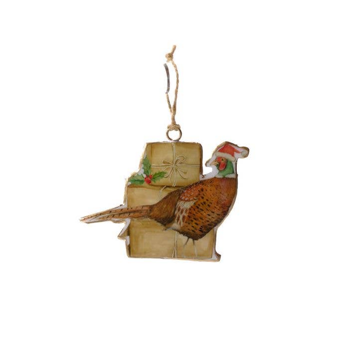Langs - Wholesale Christmas Decoration - Christmas on the Farm Metal Shaped Pheasant With Presents Hanger0