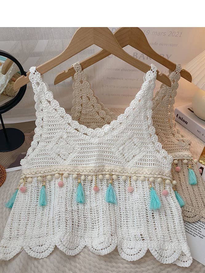 Rosa Clothing - Wholesale Knit Top - Women's - Vintage Cut-Out Tassel Knitted Vest