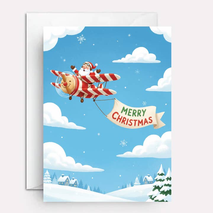 Airplane Christmas card - Up, Up & Away for wholesale by Paper Bound Greetings