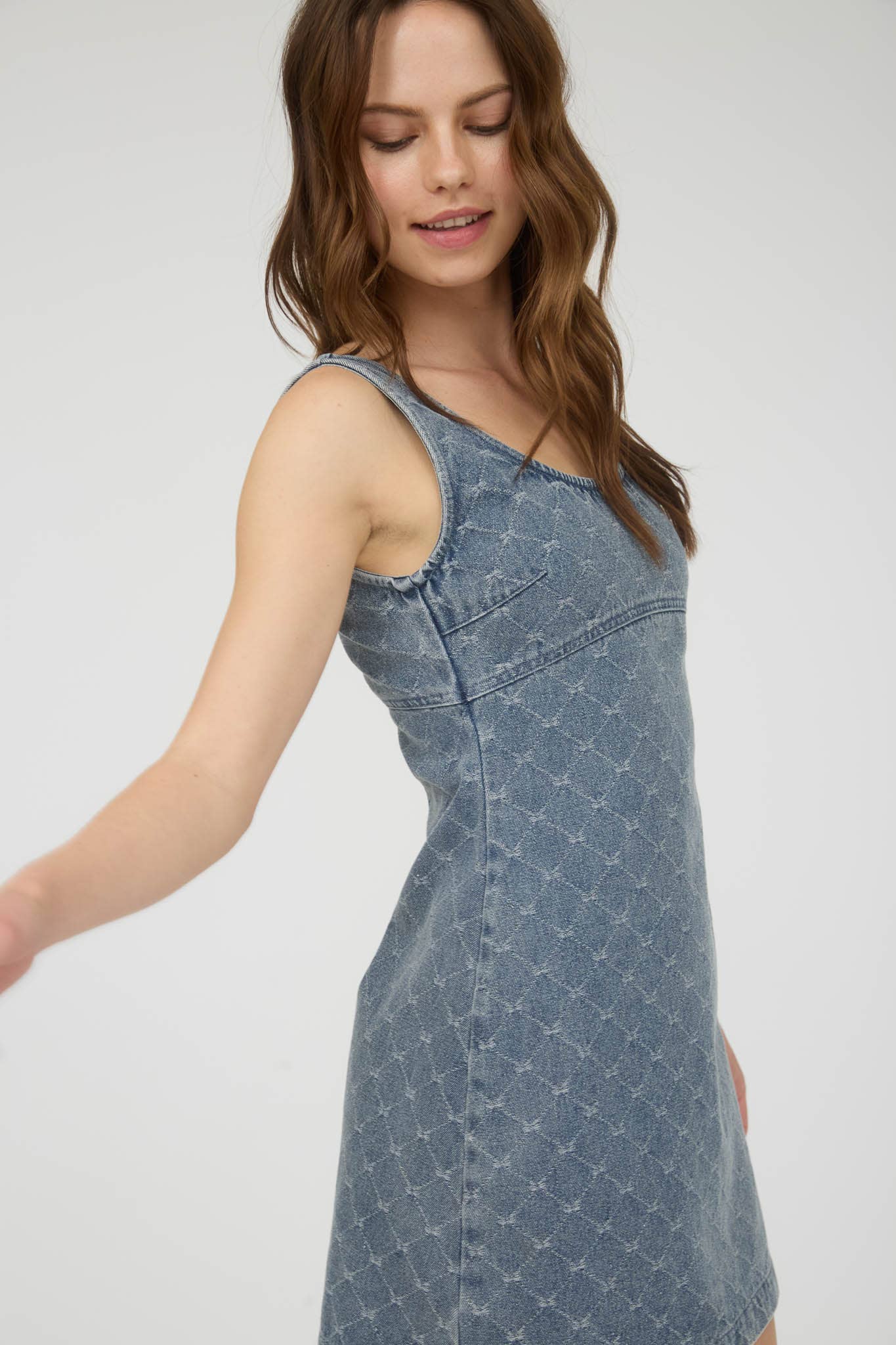 BOW PATTERN SLEEVELESS DENIM MINI DRESS for wholesale on Faire7