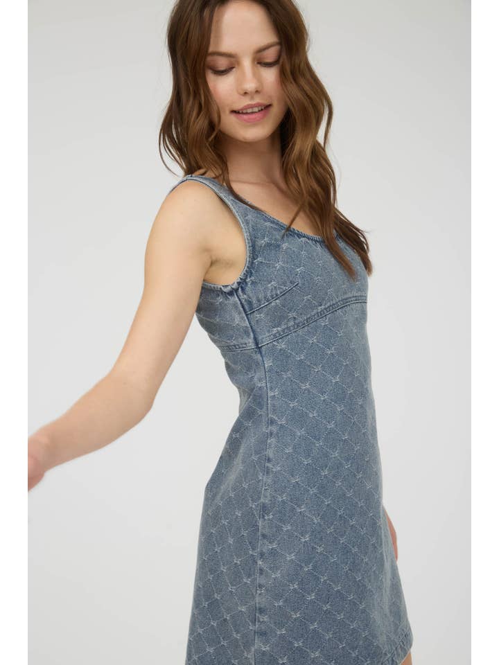 BOW PATTERN SLEEVELESS DENIM MINI DRESS for wholesale on Faire7