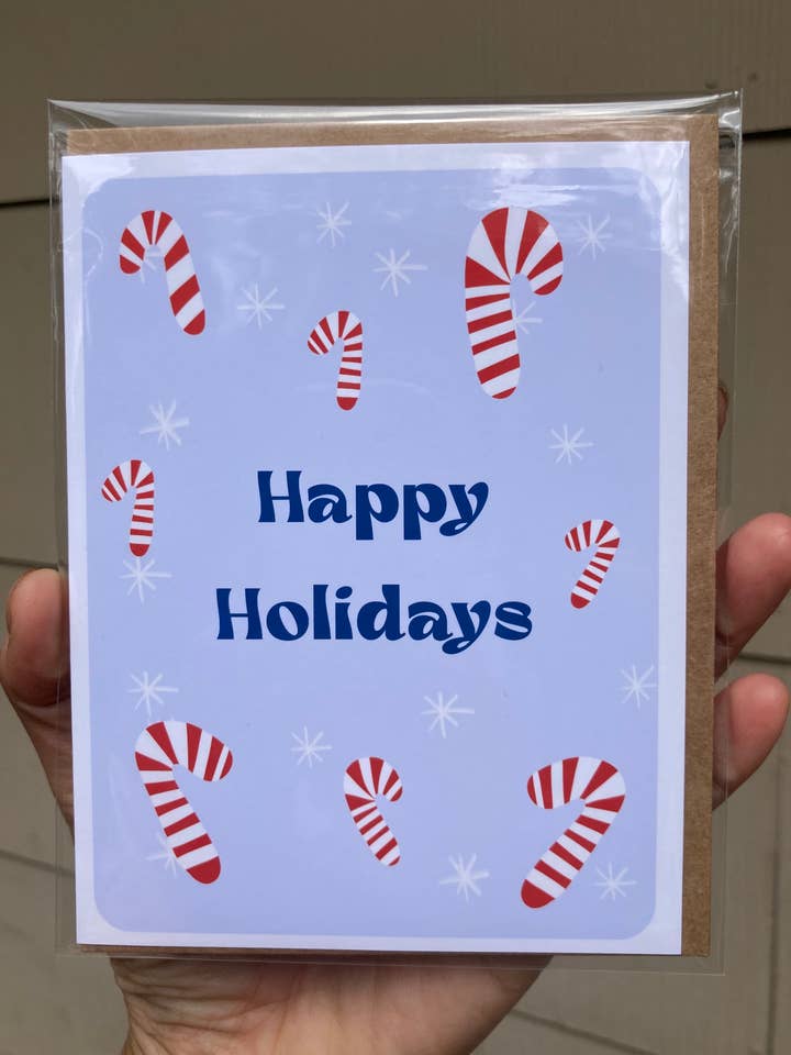 Happy Holidays Candy Cane Holiday Card for wholesale by Jenn L Design