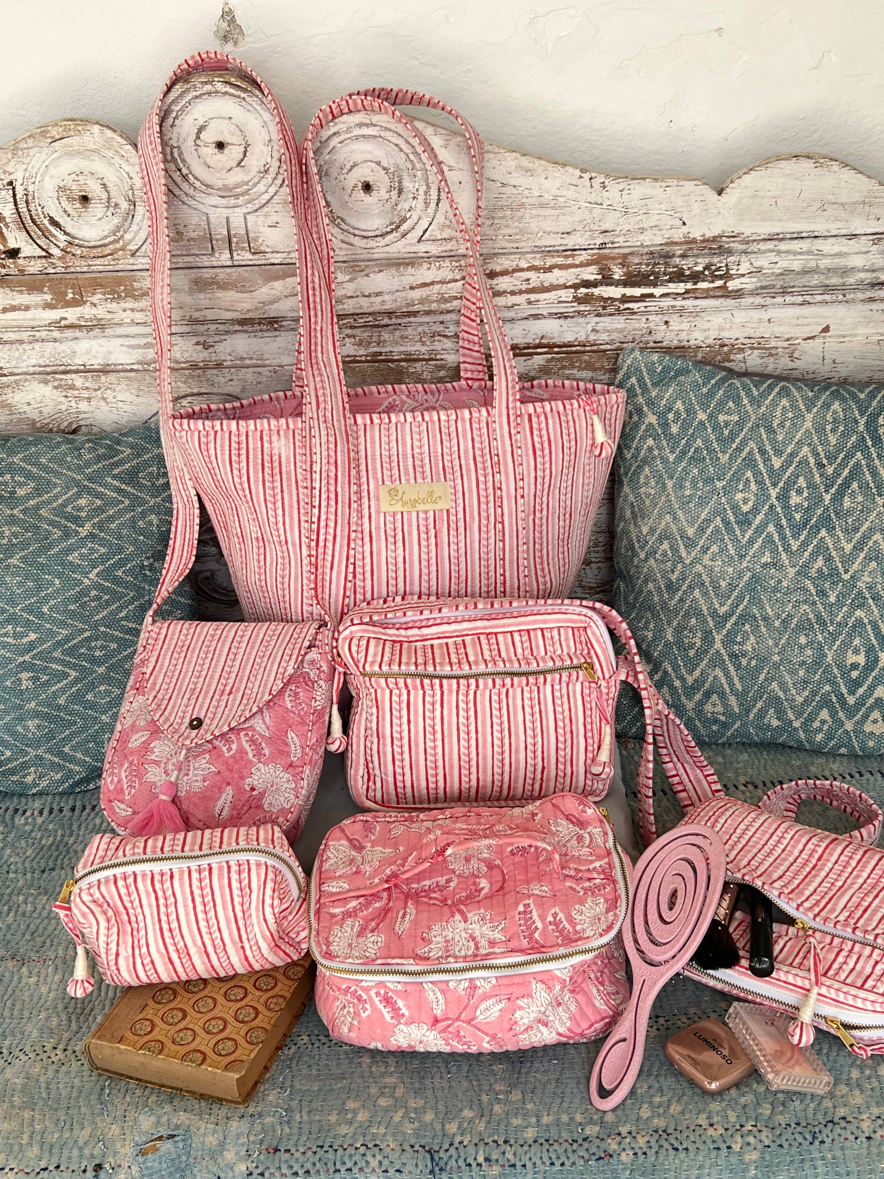 Aurobelle Ibiza - Vente Tote bag – femme - Sac fourre-tout Brigitte grand format en coton matelassé | Sac à bandoulière imprimé bloc rose | Sac bohème pour la plage | Sac de voyage fait main0