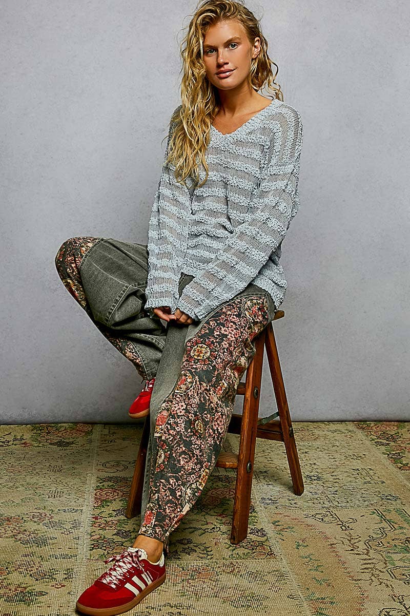 Pol Clothing - Wholesale Knit Sweater - Women's - V Neck Long Sleeve Striped Knit Acrylic Thin Sweater SALE5