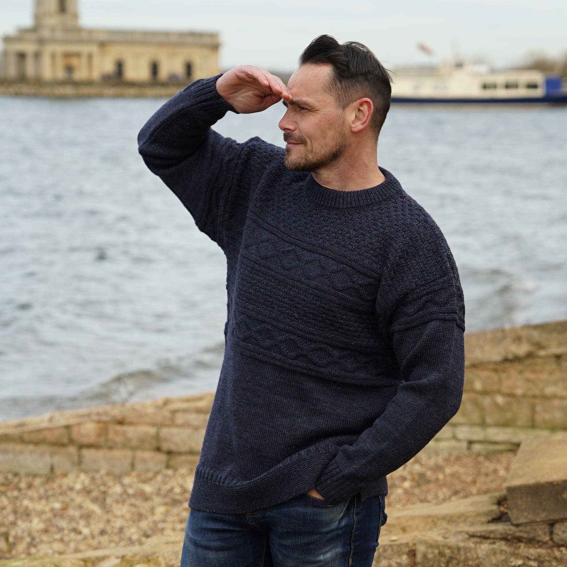 Mars Knitwear - Venta al por mayor Jersey de punto - Unisex - Jersey Guernsey de lana británica - Denim Marl5