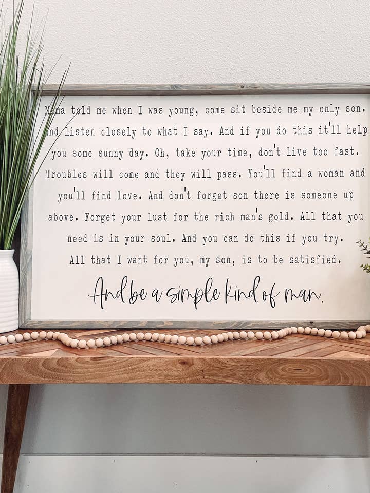 Simple Man Lyrics Lynyrd Skynyrd Træ indrammet tegn for engroshandel hos Willie & Dolly Designs