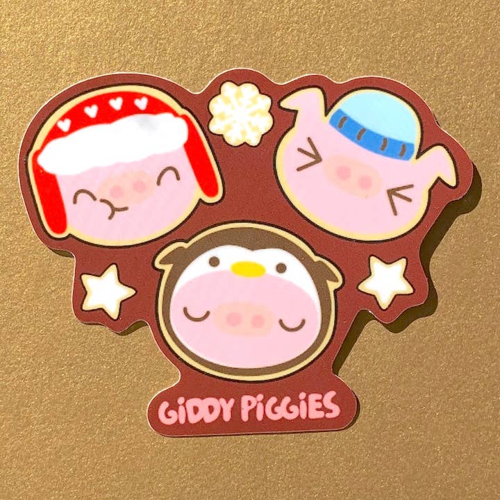 3 Little Giddy Piggies Christmas Cookie Glossy Sticker for wholesale by Giddy Piggies