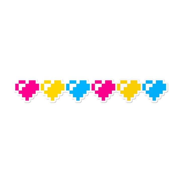Cœurs 8 bits pansexuels | Autocollant de fierté LGBTQ+ pour gamer nerd pour la vente par That Queer Card Co