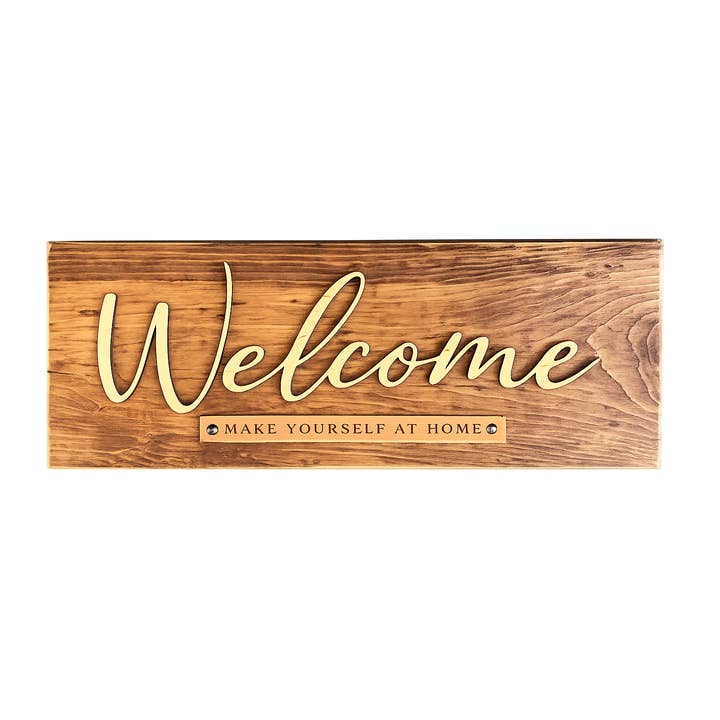 Modern Rustic Wood + Leather Welcome Sign for wholesale by Jus Sayin'
