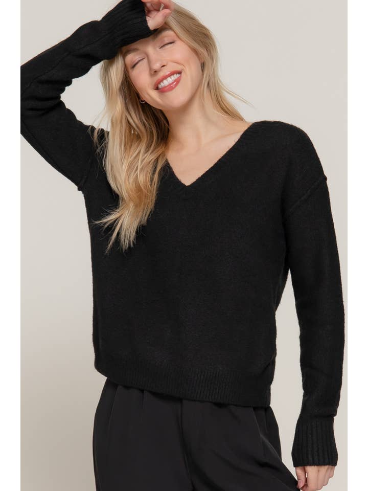 Active Basic | Active USA - Wholesale Knit Sweater - Women's - Long Sleeve V-Neck Raised Seam Detail Sweater