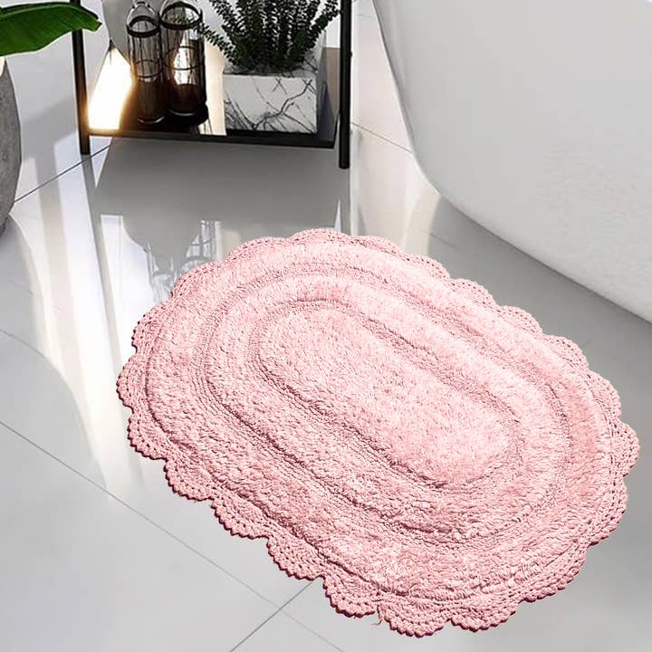 GEHÄKELTE OVALE BADEMATTE, 43x61 cm, ROSA 100% BAUMWOLLE für den Großhandel von chardin home