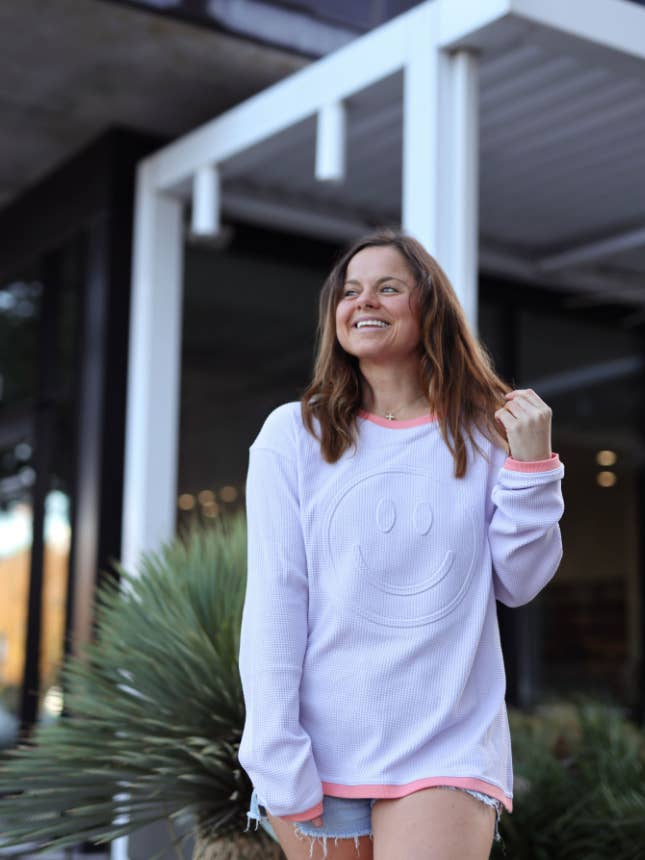 Jadelynn Brooke - Wholesale Sweatshirt - Women's - Happy Days Ahead Embossed- Sweatshirt (Lilac/Coral)