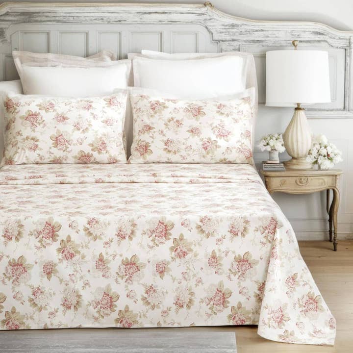 DaDa Bedding Hint of Mint Dainty Cottage Floral Roses Cotton Flat Sheet Only w/ Pillow Case (3036) for wholesale by DaDalogy Bedding