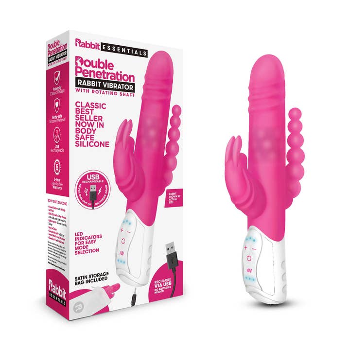 Rechargeable Double Penetration Rabbit Vibrator - Hot Pink for wholesale by Lux Fetish Store