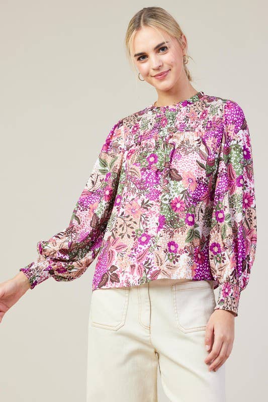 Orchid Multi Long Sleeve Printed Smock Neckline Blouse for wholesale on Faire1
