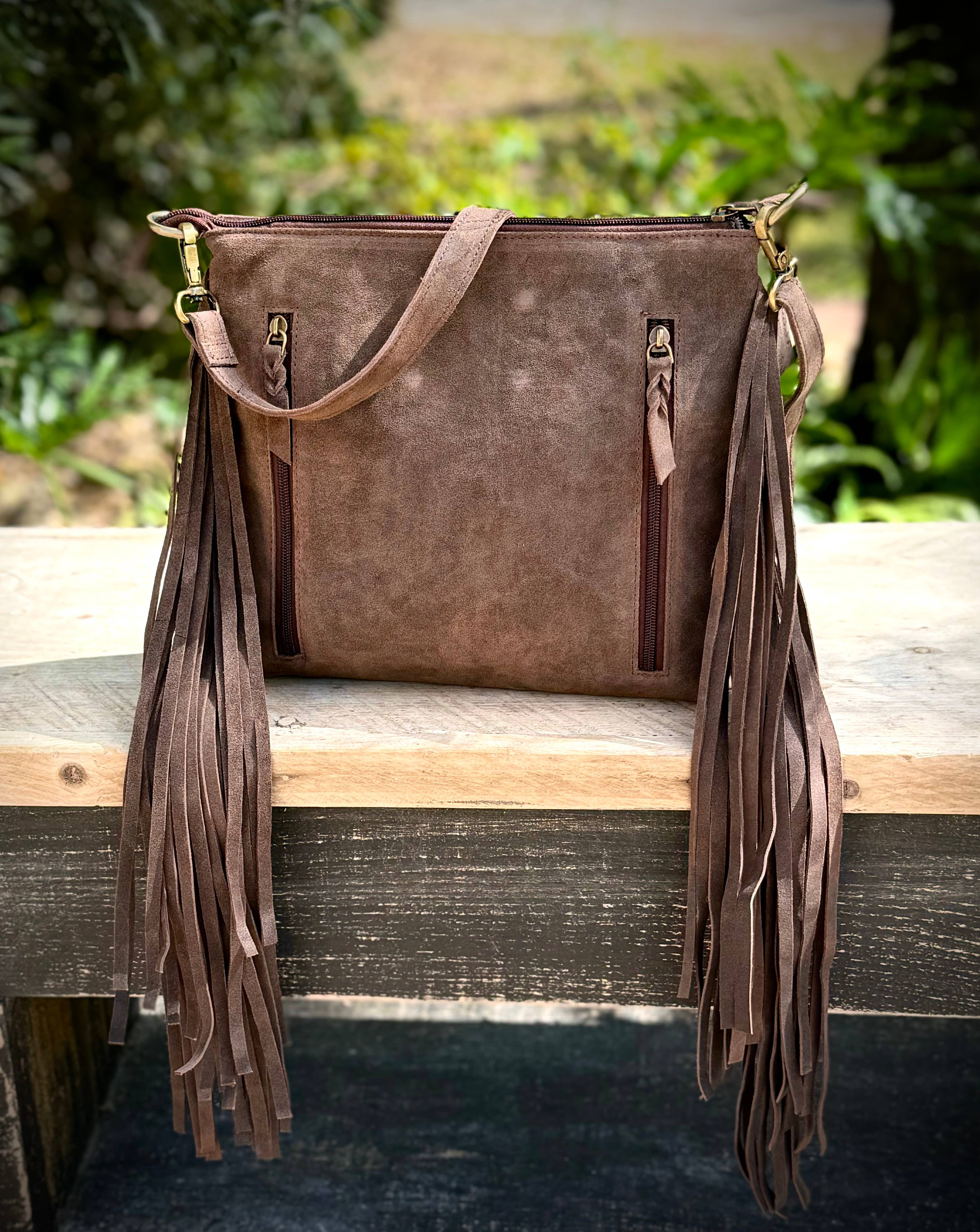 Southern Junkie Gypsy Boutique - Wholesale Crossbody Bag - Women's - Upcycled Leather Suede Boot Stitch Fringe Crossbody Bag3