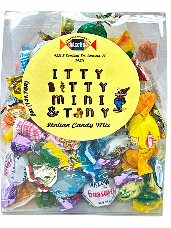 Italian Itty Bitty Mini & Tiny 5 Oz Clear Tab Top Box for wholesale by Dulcefina Chocolate and Sweets